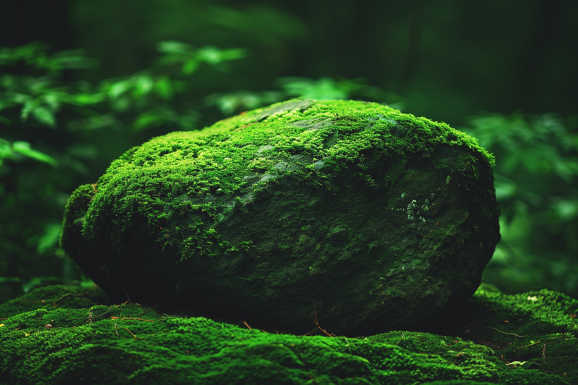 A Large Green Rock Covered in Moss in the Forest Background