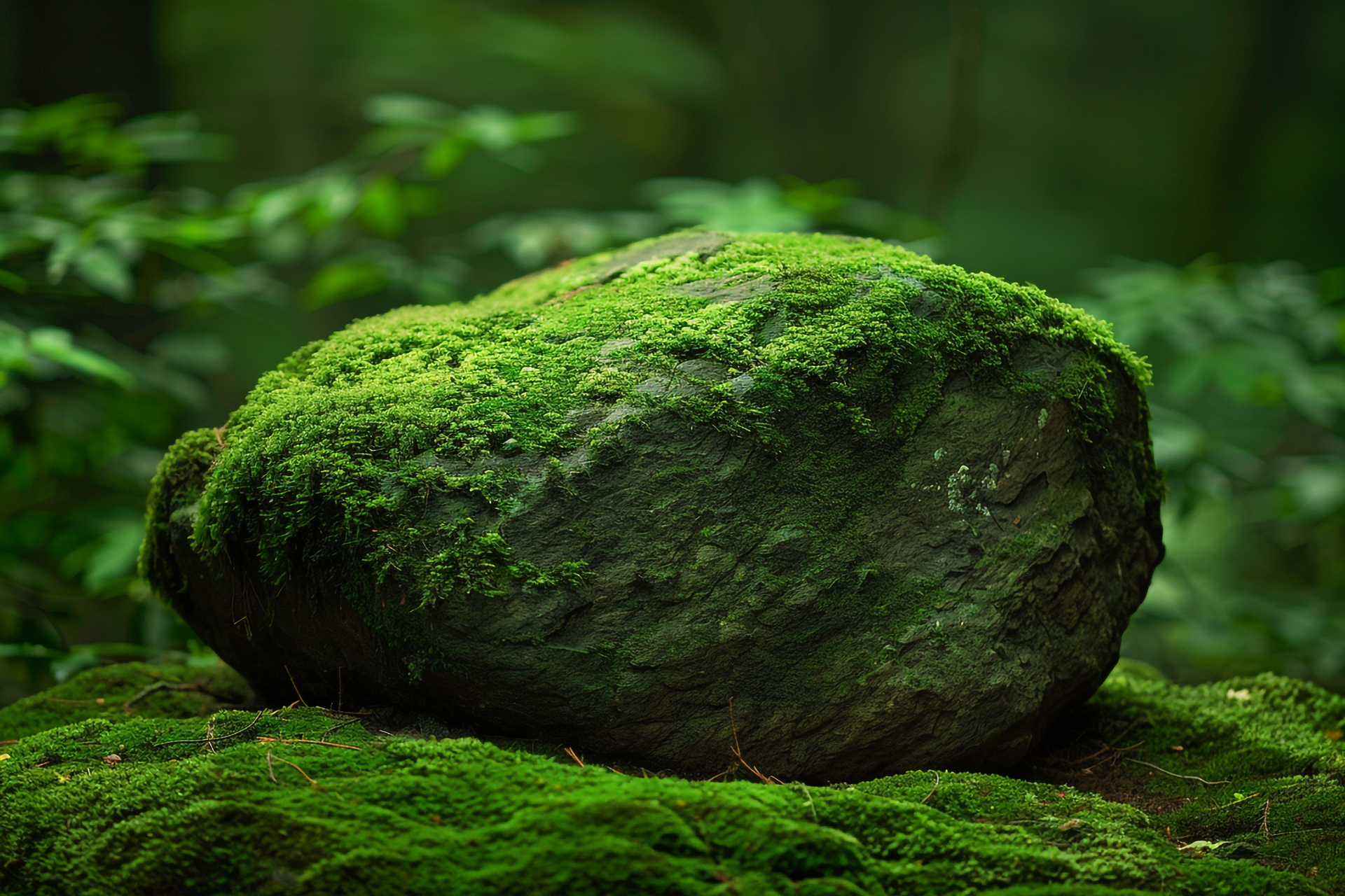 A Large Green Rock Covered in Moss in the Forest Background